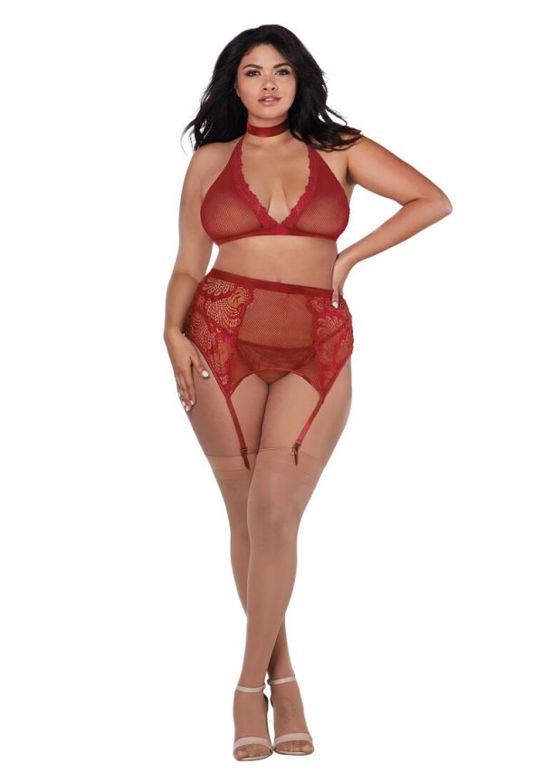 Conjunto Fishnet Encaje Dreamgirl Cuatro Piezas