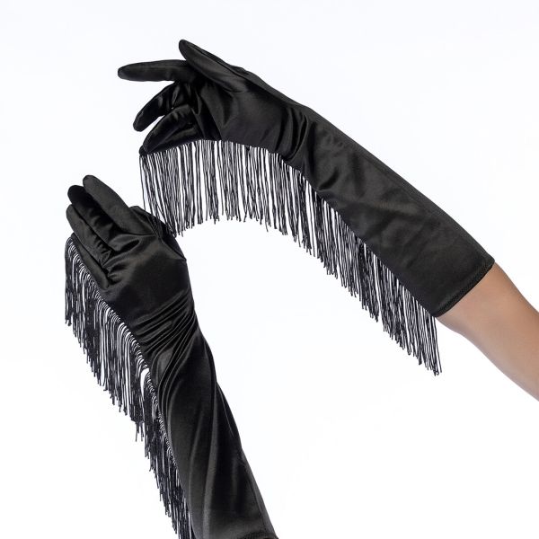Guantes Opera Mapalé Satén Ribete Flecos Negro