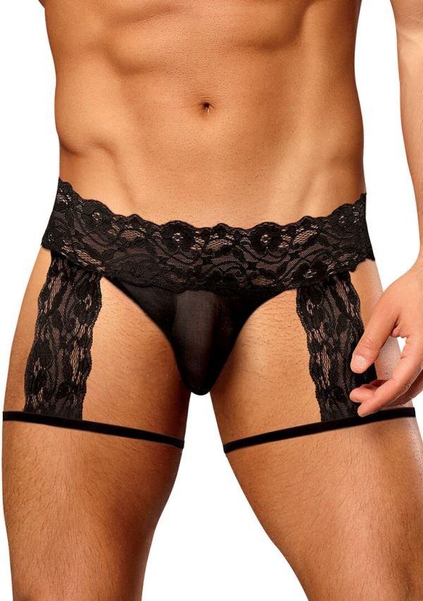 Male Power Slip con Garter de Encaje Negro y Tanga G