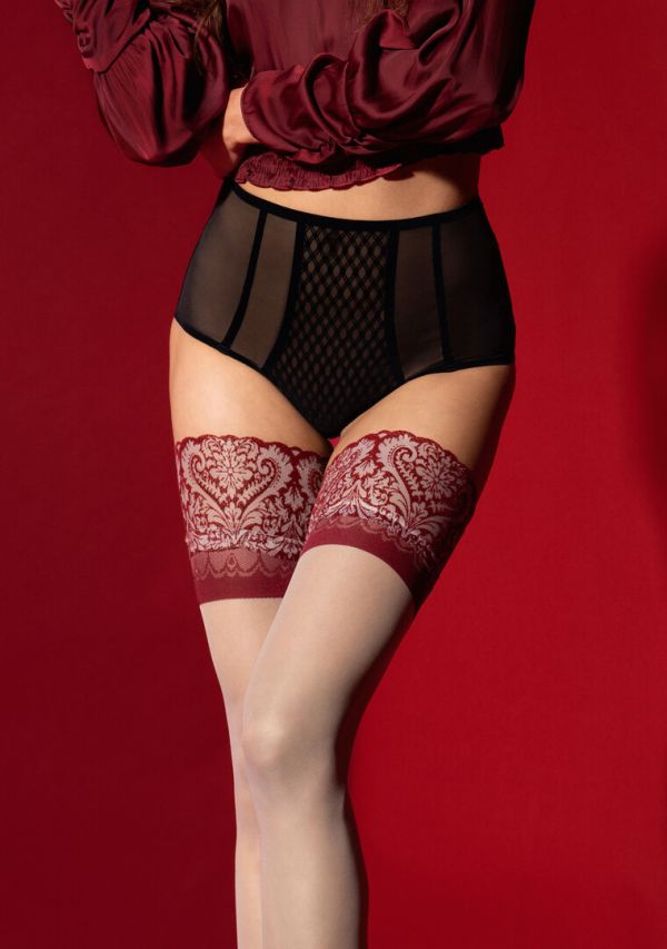 Fiore Medias Sujetadoras Arabesque con Top de Encaje Exótico, Patrones Rojos, 20 den