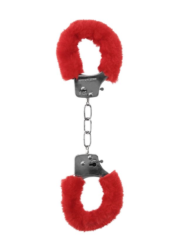 Esposas de placer rojo Ouch! con forro peludo y liberación rápida