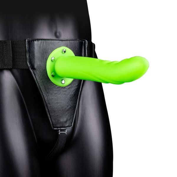 Strap-on curvado texturizado brilla oscuro Ouch! neón