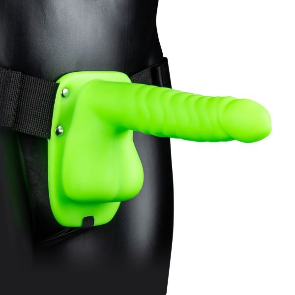 Strap-on hueco acanalado brilla oscuro Ouch! neón