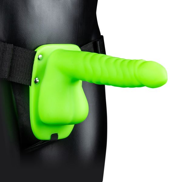 Strap-on hueco acanalado brilla oscuro Ouch! neón