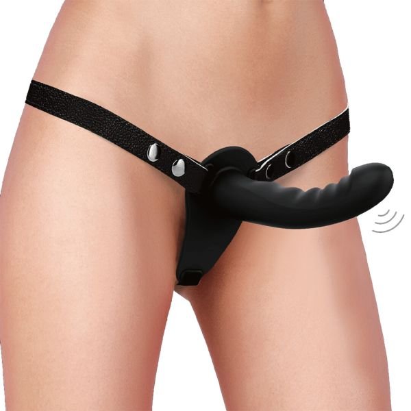 Ouch! Dual Vibrating Rechargeable Ribbed Strap-On, 10 Speed, Negro